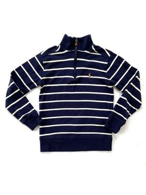 Polo Ralph Lauren Boys 8 Newport Navy White Striped Cotton Interlock 1/4 Zip